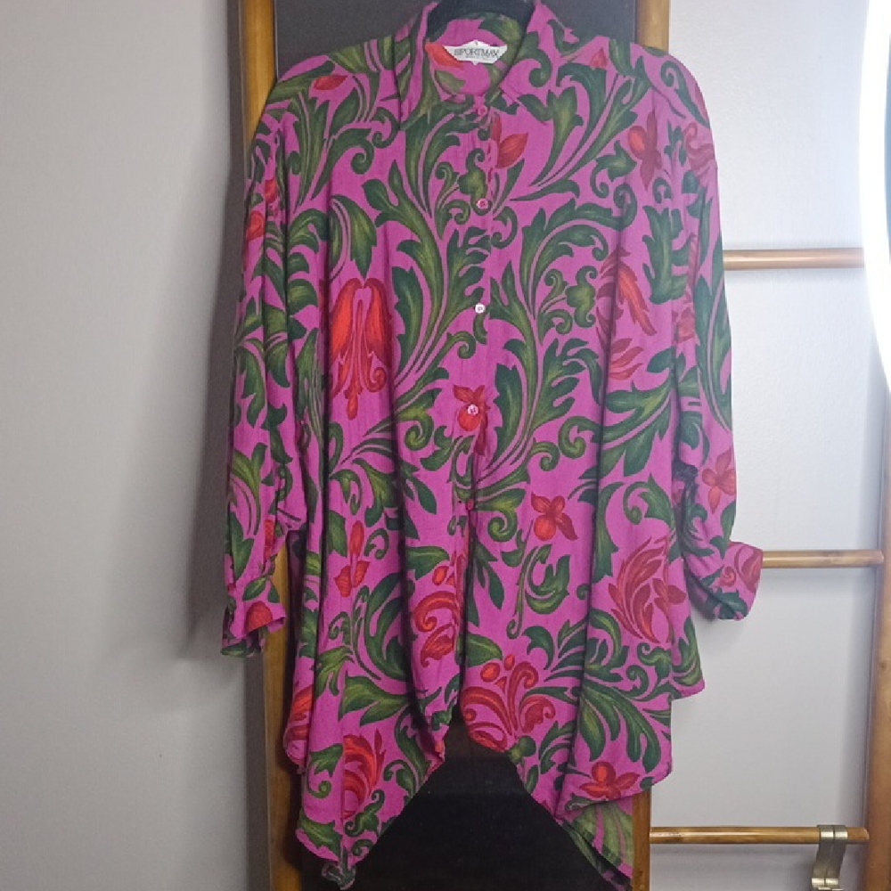 Sportmax Max Mara Floral Botanical Vibrant Viscose And Wool Button Down Shirt